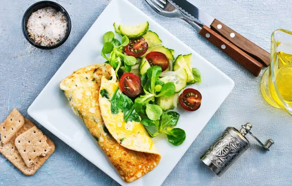 Oil, cucumber, crackers, tomatoes, salad, salt, omelette