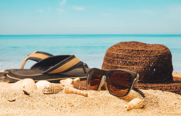 Sand, sea, beach, summer, stay, hat, glasses, shell