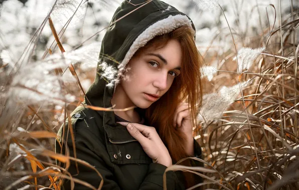 Grass, look, face, sweetheart, model, portrait, jacket, hood