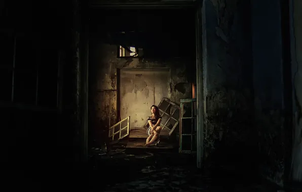 Girl, abandoned building, desolation, pallets