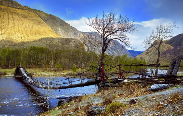 The sky, landscape, mountains, bridge, nature, river, stones, tree