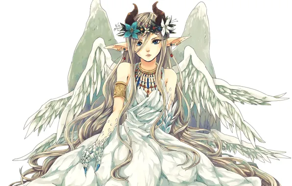 Girl, fantasy, horns, dress, anime, wings, blue eyes, Angel