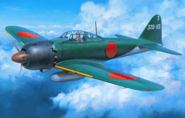 The sky, war, fighter, art, Mitsubishi, Japanese, deck, WW2