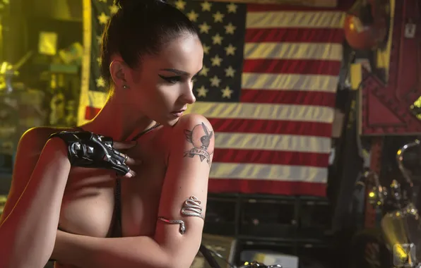 Girl, garage, playboy, flag, brunette, tattoo, Jenya D, Katie Fey