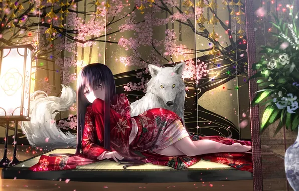 Picture girl, flowers, animal, wolf, anime, art, kimono, touhou