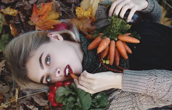 Picture autumn, girl, makeup, harvest, sponge, vegetables, carrots, radishes