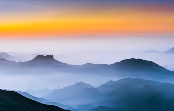 Mountains, fog, Hong Kong, glow