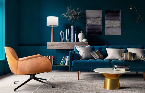 Design, style, room, interior, living room, upholstered furniture, blue color in the interior