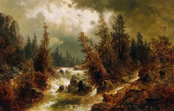 Picture Stream, Trees, River, Clouds, Picture, Austrian artist, Josef Thoma, A rapid Mountain stream in Stormy …