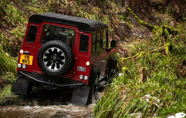 Red, stream, vegetation, SUV, back, Land Rover, 2018, Defender