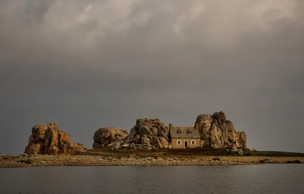 The sky, clouds, house, rocks, France, Brittany, The Castel Meur