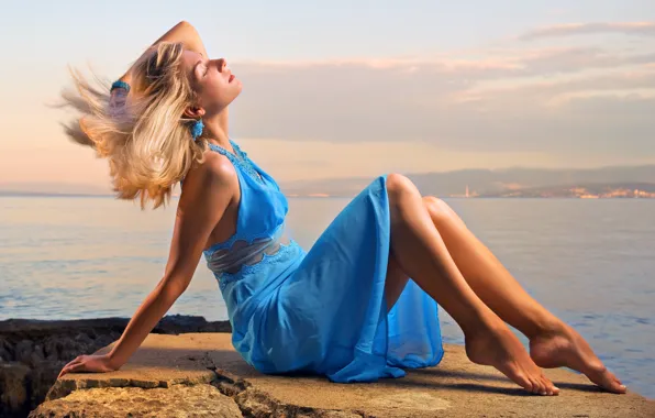 Picture girl, Model, long hair, dress, legs, sea, landscape, photo
