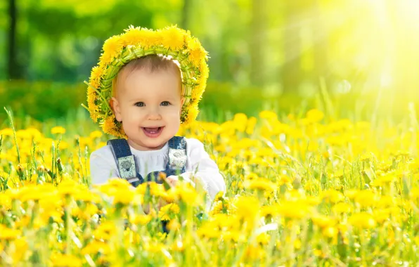Smile, dandelions, wreath, child, sunlight