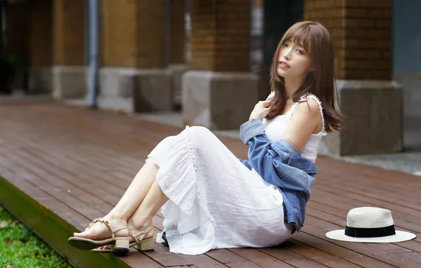 Asian, Dress, Hat, Jacket, Sitting
