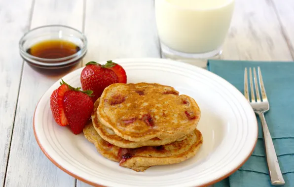 Glass, berries, Breakfast, milk, strawberry, plate, plug, honey