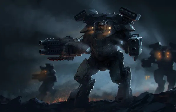 Night, weapons, robots, art, mechwarrior