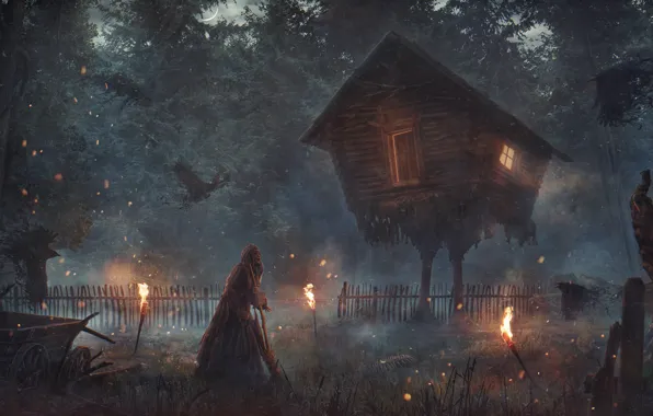 Picture forest, house, Baba Yaga, Hut on chicken legs