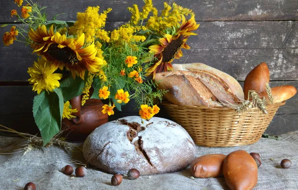 Sunflowers, bread, nuts, still life, hazelnuts, cakes, marigolds, rudbeckia