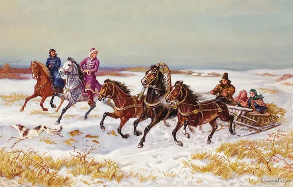 Picture landscape, winter, horses, dog, picture, painting, hunters, Russian