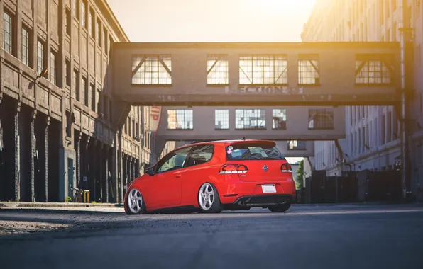 Red, the city, building, volkswagen, red, Golf, golf, gti