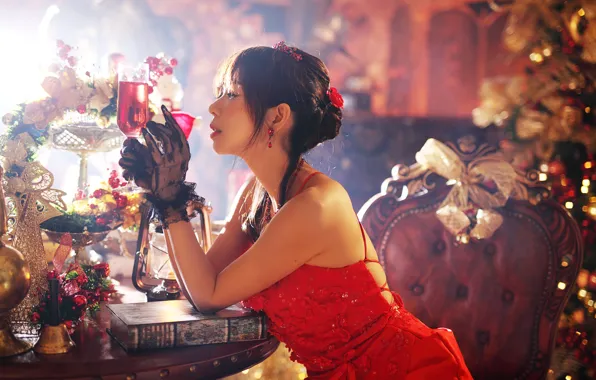 Girl, red, glass, dress, table