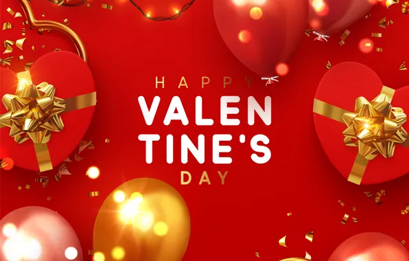 Balls, red, background, the inscription, gifts, hearts, postcard, Valentines Day