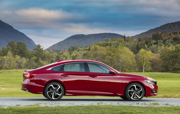 Field, red, profile, Honda, Accord, sedan, 2018, four-door