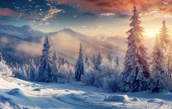 Winter, frost, road, forest, the sky, the sun, clouds, rays