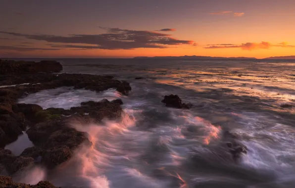 Sea, wave, sunset, stones, shore