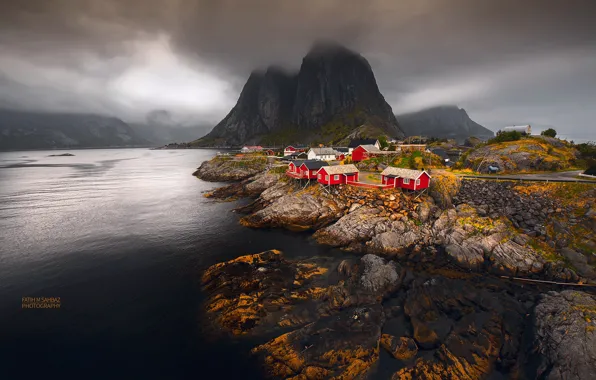 Sea, autumn, mountains, Norway, town, settlement, archipelago, The Lofoten Islands