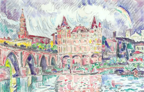 Picture bridge, river, figure, home, watercolor, the urban landscape, Paul Signac, View of Montauban in the …