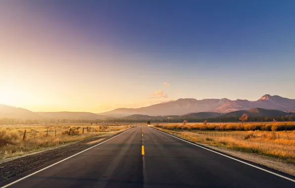 Road, sunset, mountains, bridge, the fence, road, bridge, sunset