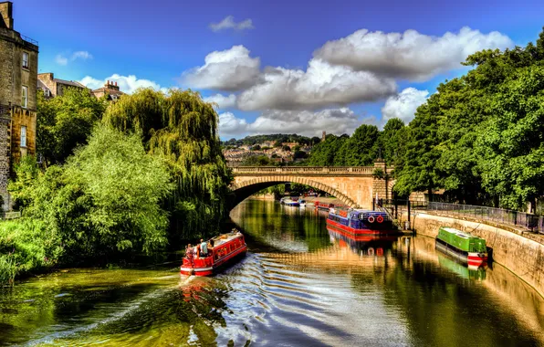Picture the sky, clouds, trees, bridge, river, people, England, home