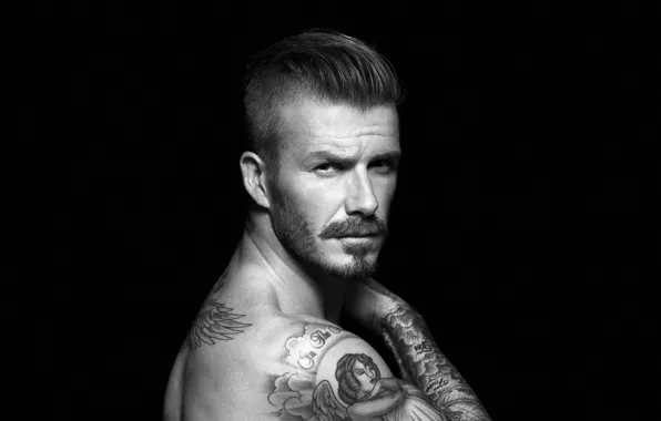 Tattoo, black and white, black background, legend, David Beckham, player, David Beckham, football
