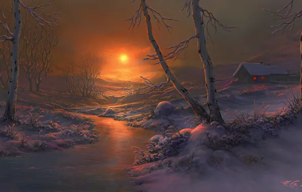 Winter, snow, sunset, river, home, the evening, art, birch