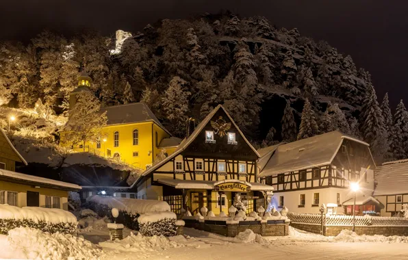 Winter, road, snow, trees, night, lights, street, mountain