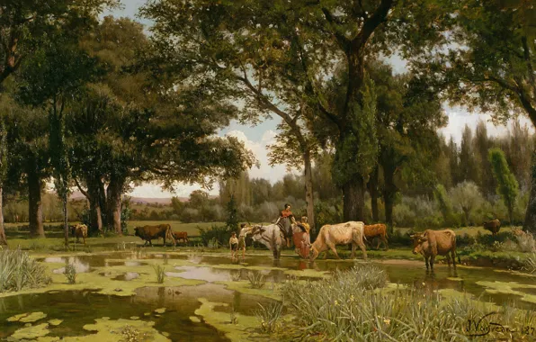 Trees, landscape, children, pond, picture, cows, Summer Bloom, Joaquim Vayreda