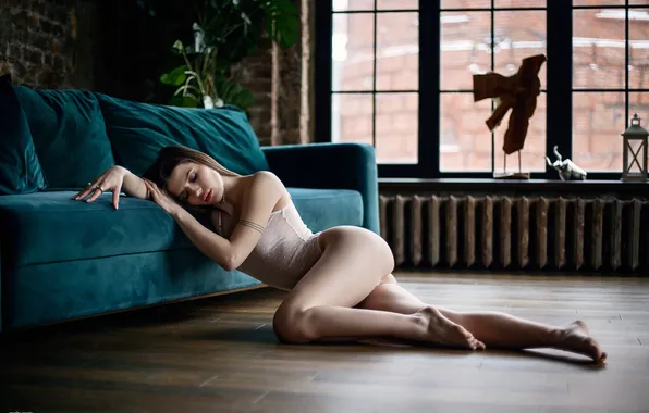 Girl, pose, sofa, hands, figure, legs, on the floor, body
