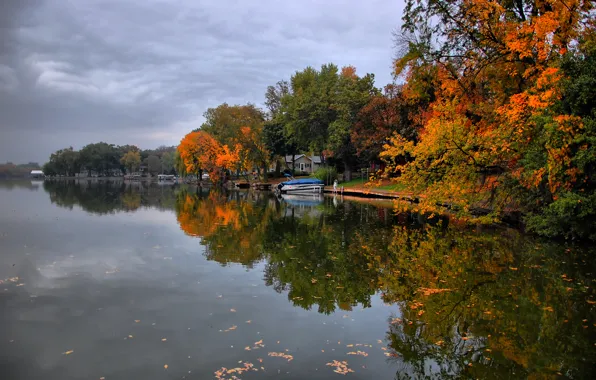 Autumn, the sky, leaves, water, clouds, trees, nature, lake