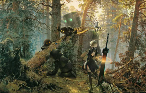 Picture forest, girl, cyborg, art, nier, automata, YoRHa No.2 Type B