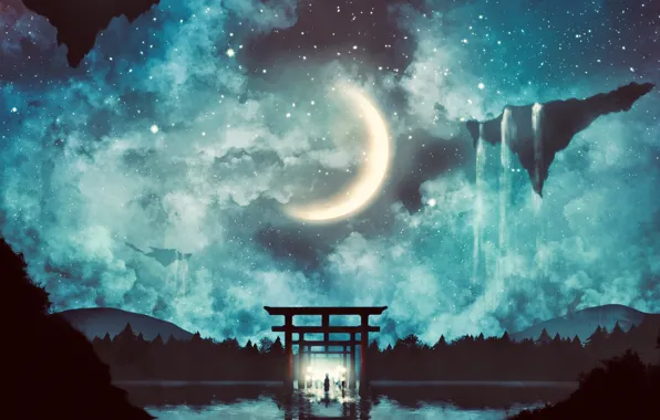 Water, night, people, fantasy, corridor, Crescent, torii