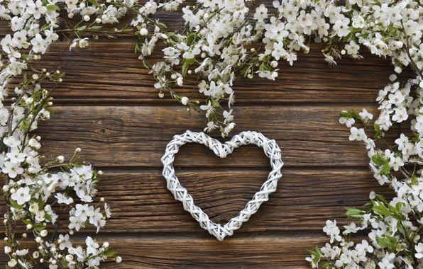 Flowers, heart, spring, love, white, white, heart, wood