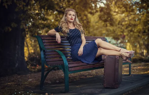 The city, retro, Park, dress, suitcase, bench, Vintage