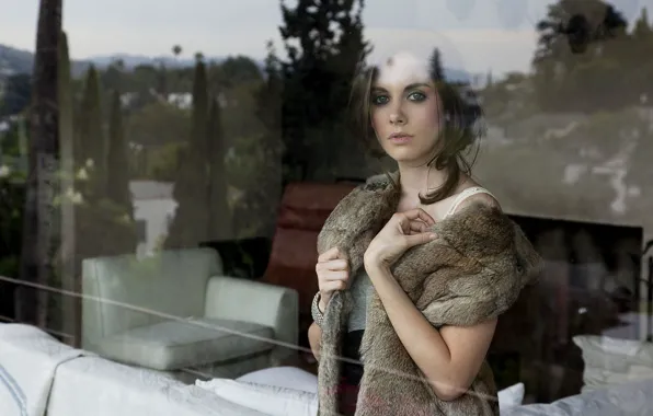 Look, girl, pose, window, fur, Alison Brie