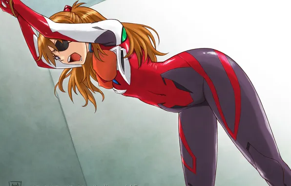 Pose, red, jumpsuit, Neon Genesis Evangelion, Creek, art, Asuka Langley Soryu, eye patch