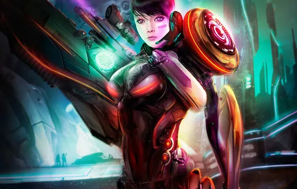 Girl, the city, future, weapons, art, armor