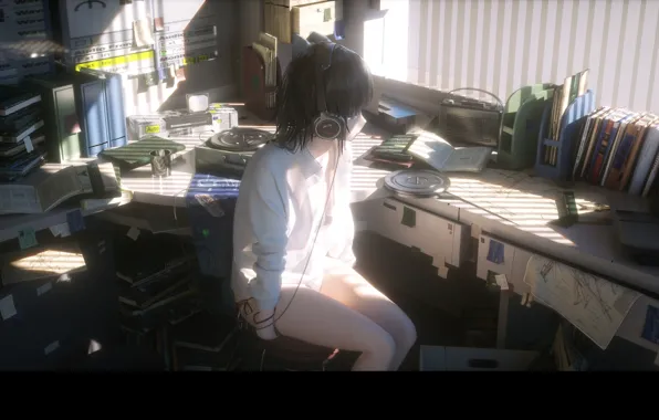 Picture listening to music, interior, table, girl