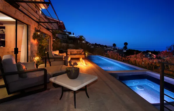 Picture landscape, house, sofa, fire, furniture, pool, chairs, Jacuzzi