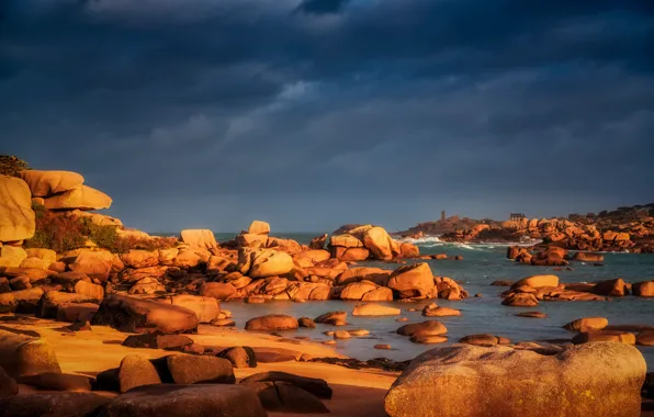 Picture light, shore, sea, house, stones