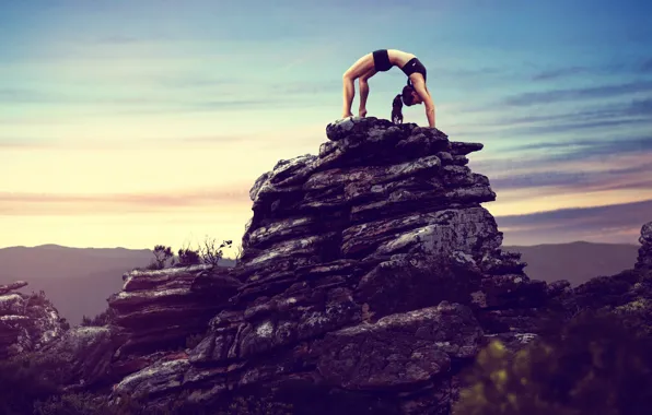 The sky, girl, landscape, sunset, mountains, nature, pose, stones